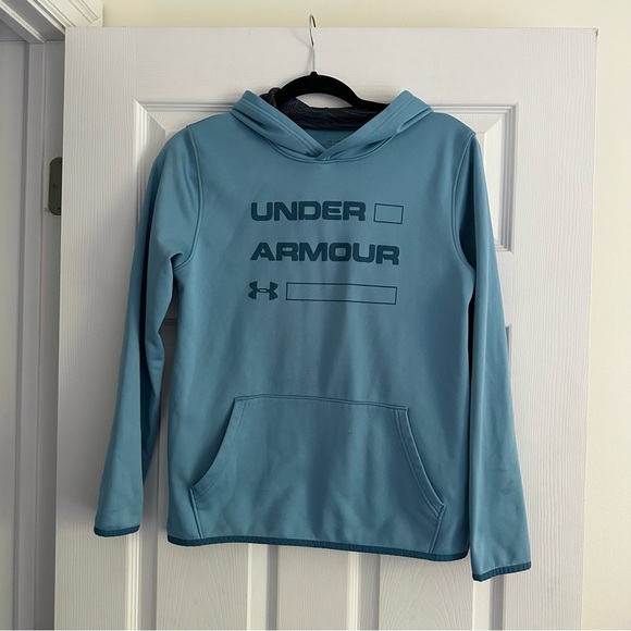 Size XL Youth Under Armour Fleece Wordmark Hoodie - Blue/ Acadia - Picture 4 of 8